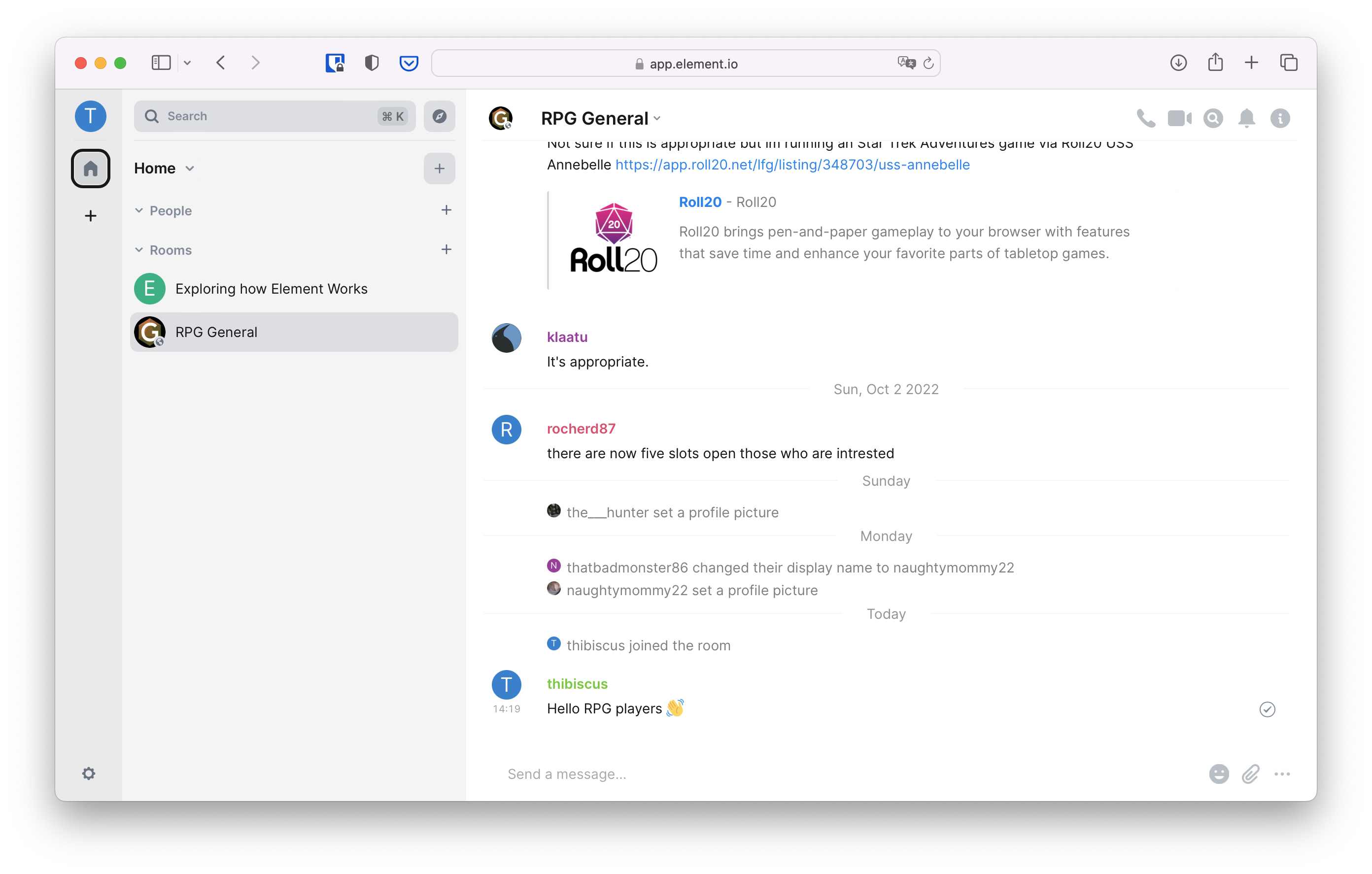 The room now appears in the room list as selected. The same messages as before can be seen, but there is now an additional join status message and a greeting from the "thibiscus" tutorial user.
